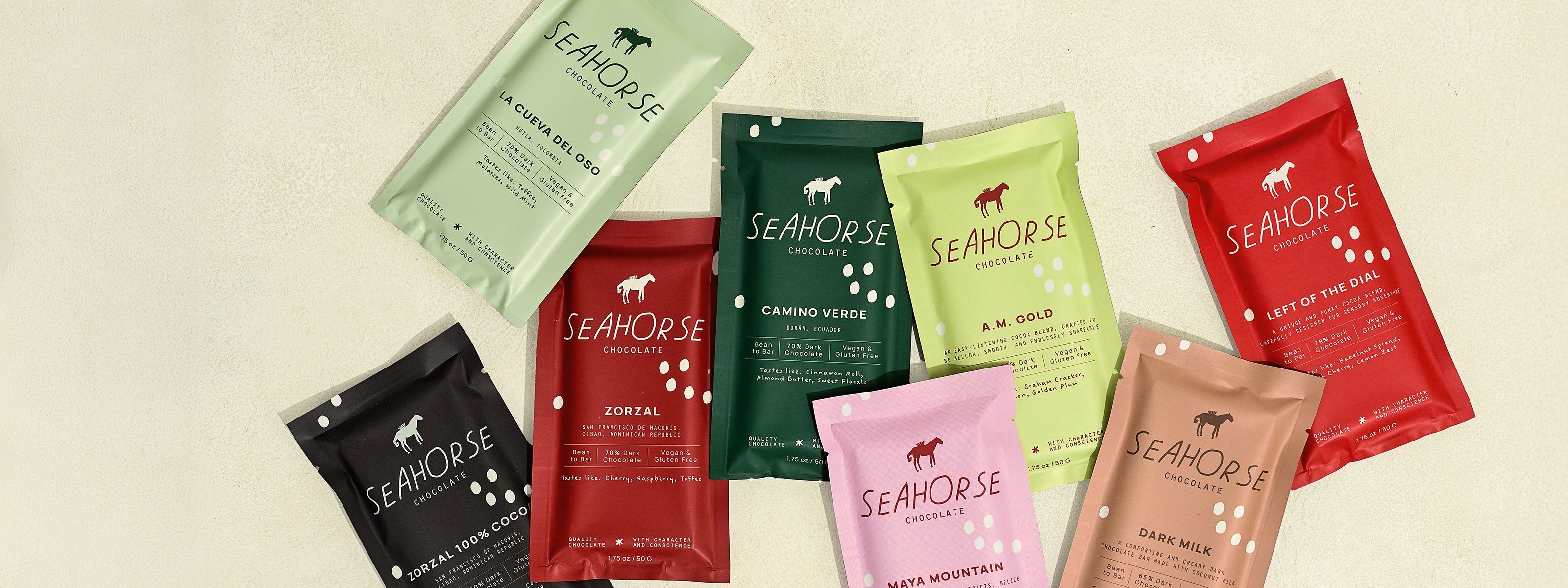 Seahorse Chocolate bars on a cream background