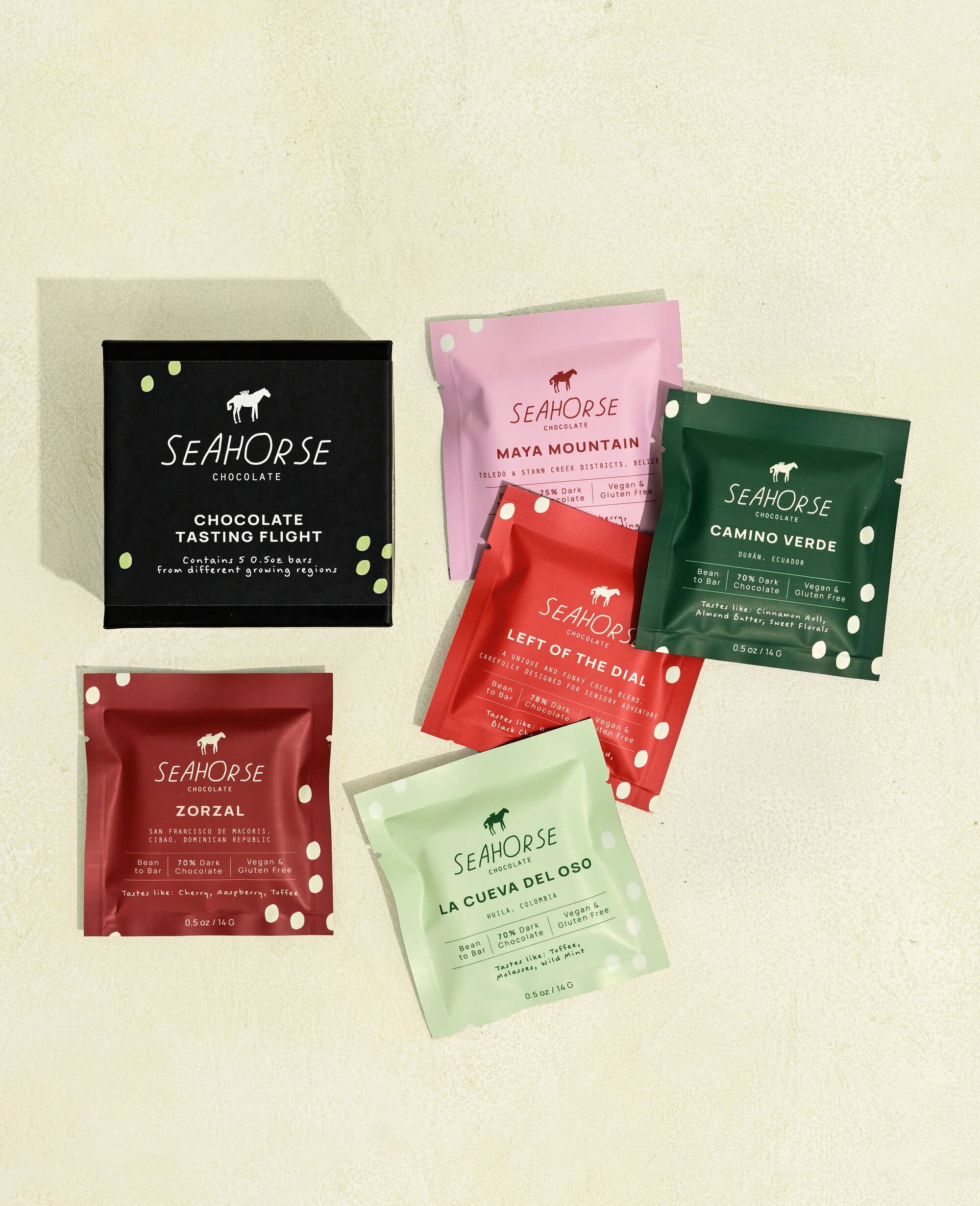 Collection of Seahorse chocolate bars on a beige background