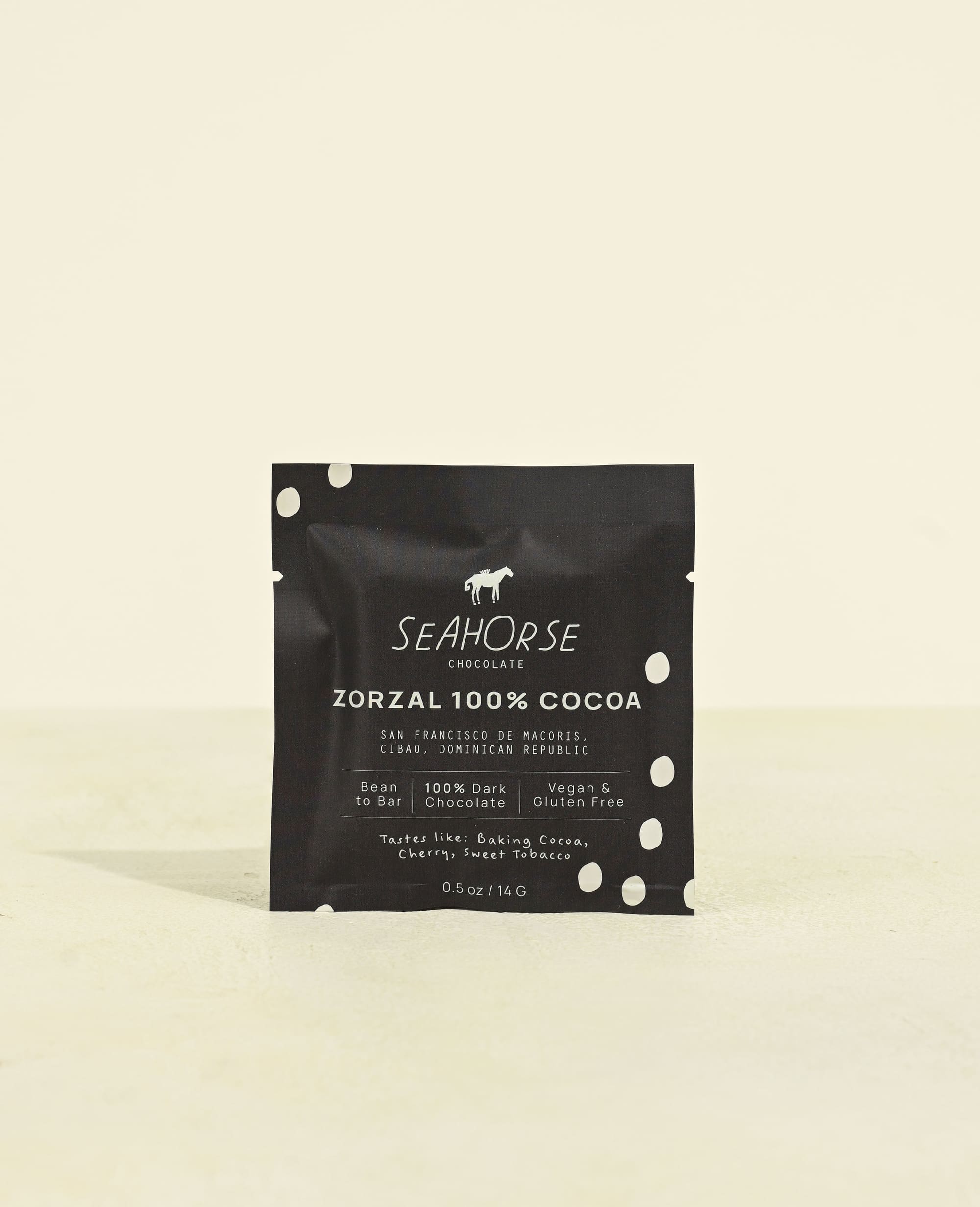 Seahorse Chocolates Zorral 100% Cocoa chocolate package on a beige background