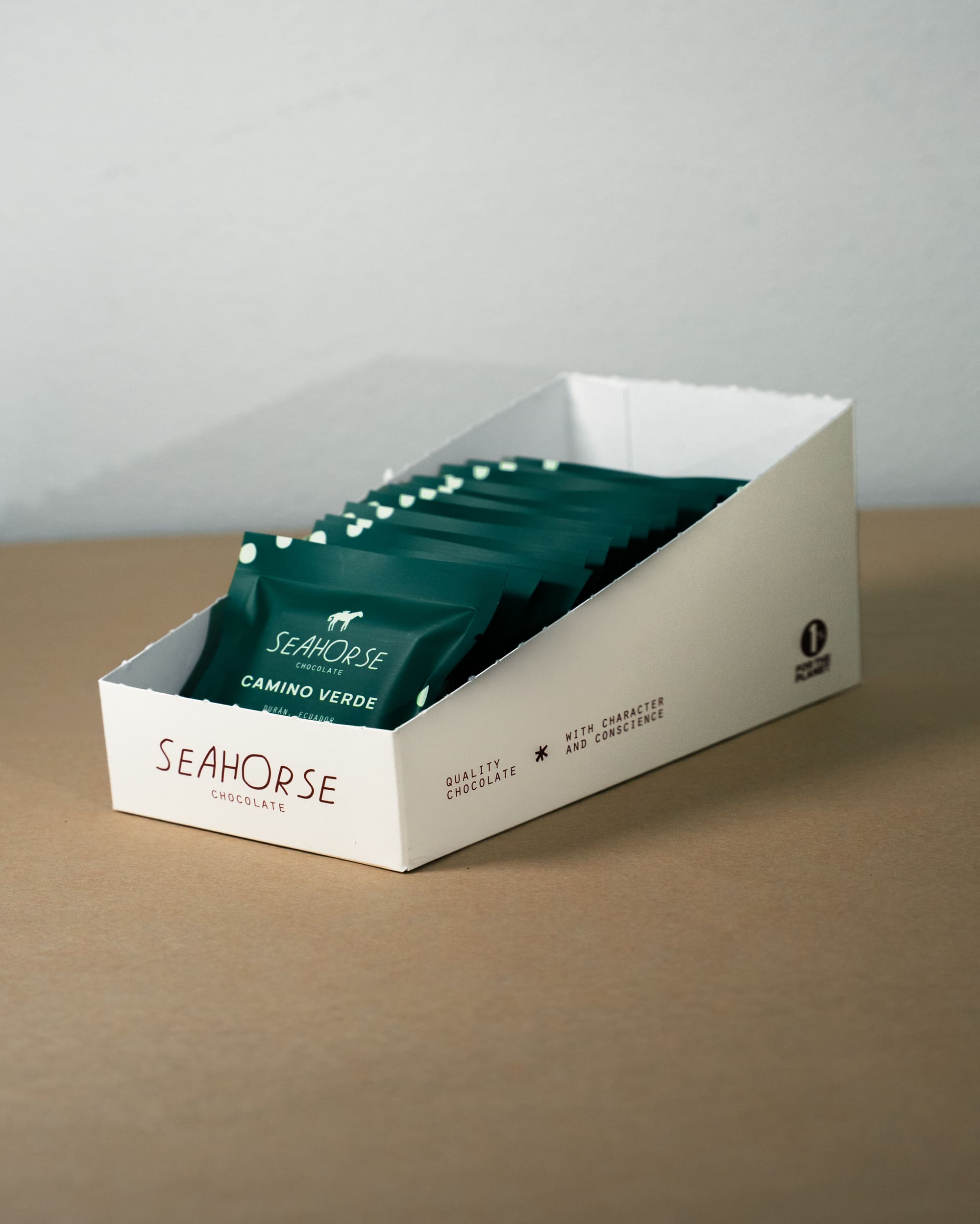 Box of Seahorse Camino Verde chocolate bars on a neutral background