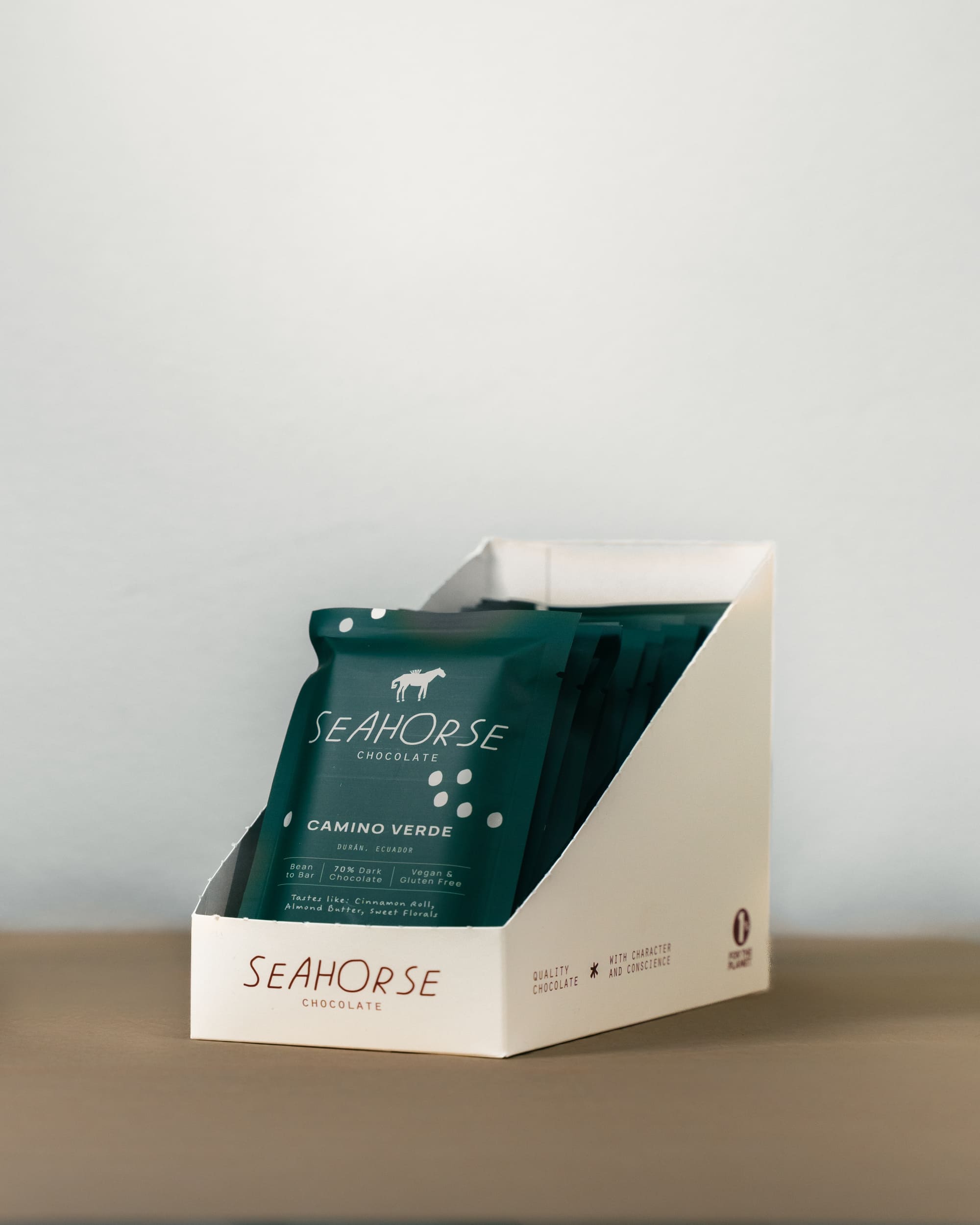 Seahorse Chocolate packaging on a neutral background